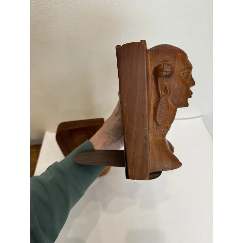 Vintage Hand Carved Wood Figural Bookends Tribal Busts Heavy Solid Vintage Decor